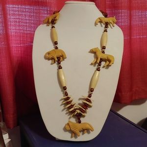 African Animal Necklace Hand Carved Wood